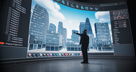 Young Urban Planner, Wearing a VR Headset, Shapes a Futuristic Urban Development. Big Digital...