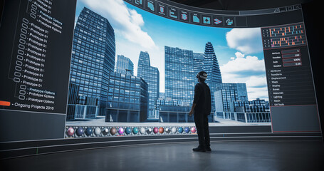 Young Male Architect Explores the Possibilities of a Design Software, Wearing a Virtual Reality...