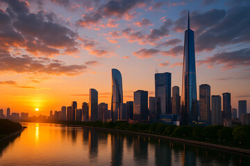 Moderne Skyline bei Sonnenuntergang mit Flussreflexion und dramatischem Himmel in urbaner Abendstimmung
