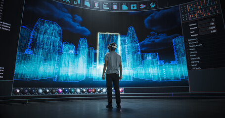 Urban Designer Immersed in Virtual Reality, Reimagines a Futuristic City. Virtual Production Screen...