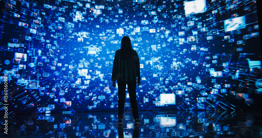 Aufkleber Young Woman Standing Before a Dynamic Digital Screen, Immersed in Internet Visualization. Internet Cyberspace with Web Content, Icons, Animated Stream of Online Applications and Entertainment