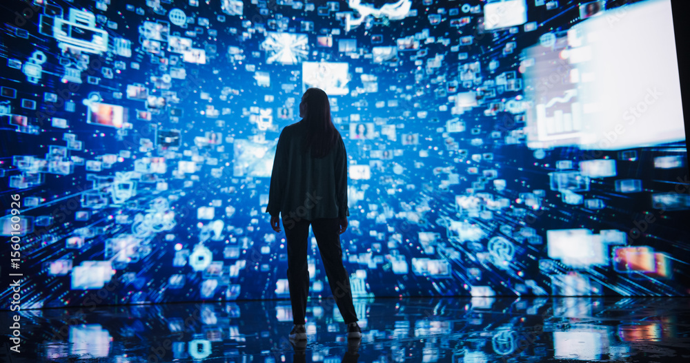Aufkleber Young Woman Standing Before a Dynamic Digital Screen, Immersed in Internet Visualization. Internet Cyberspace with Web Content, Icons, Animated Stream of Online Applications and Entertainment