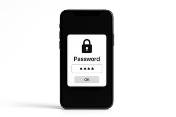 Minimalist black and white digital illustration of smartphone with password entry interface and lock icon, representing cybersecurity, secure login, and data protection, Otp sms password icon Line 
