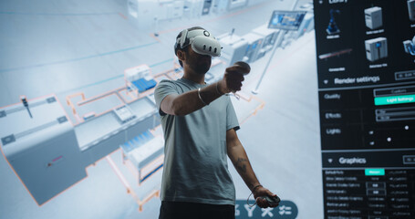 Portrait of an Industrial Designer Using Virtual Reality Technology to Optimize a Smart Factory Floor. Young Engineer Experiments with Virtual Layouts, Simulates Production and Manufacturing Process