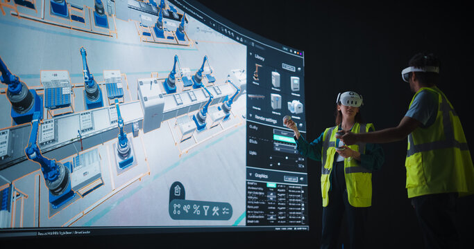 Male and Female Industrial Designers Using Virtual Reality Technology to Optimize a Smart Factory Floor. Engineers Experiment with Virtual Layouts, Simulate Production Flows and Manufacturing Process