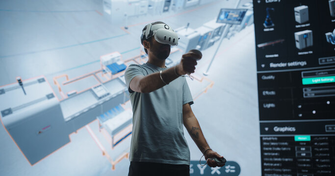 Portrait of an Industrial Designer Using Virtual Reality Technology to Optimize a Smart Factory Floor. Young Engineer Experiments with Virtual Layouts, Simulates Production and Manufacturing Process