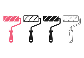 Set of four paint rollers in different styles and colors for renovation and design