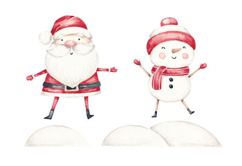 Cute santa claus, funny snowman clip art hand drawn with watercolor. Xmas Set ror Christmas cards, invite, banner, frame art 