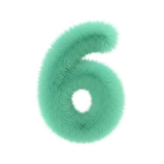 Fluffy teal green number six character made of fur isolated on white background