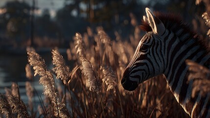 A zebra stands amidst tall grass near a body of water in a sunlit and natural outdoor environment.