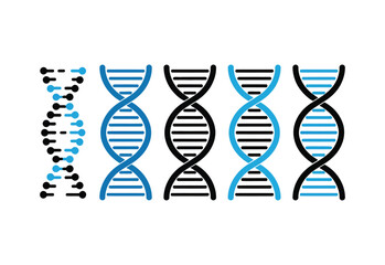 Multiple stylized dna double helix strands in black and blue on white background