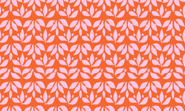 Vibrant Orange and Pink Leaf Pattern Design. A repeating pattern of stylized leaves in a light pink hue against a bold orange background.
