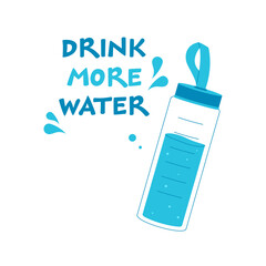 Flat illustration of a water bottle with the text “Drink More Water.” Health and hydration reminder. Perfect for wellness, fitness, and lifestyle design.
