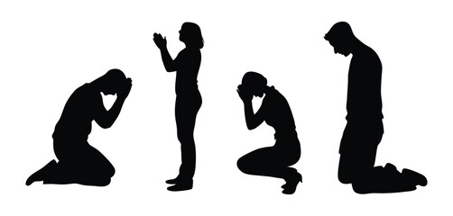Diverse People Praying and Bowing Silhouette
