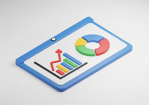 3d icon of a marketing strategy board with charts, graphs and sticky notes, isometric view, minimal clay render, high resolution, white background.