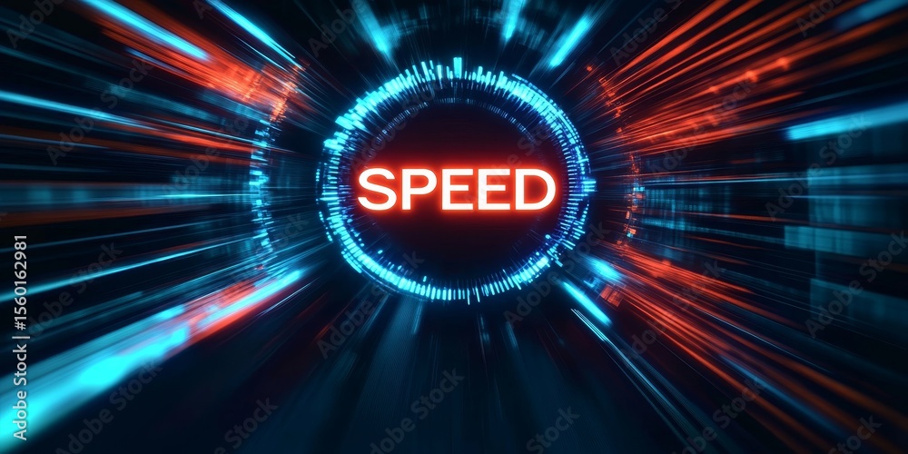 Poster futuristic internet connection speed meter displaying high-speed network bandwidth test results