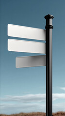 Obraz premium Blank street signpost with three empty white directional signs against blue sky, concept of choice, decision, guidance, opportunity, uncertainty