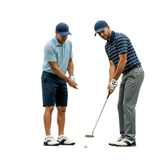 Two men practicing golf on a transparent background. One man is Asian, wearing a light blue shirt and shorts. The other is Caucasian, in a striped shirt and gray pants.
