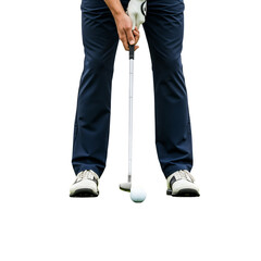 A golfer prepares to swing, holding a golf club above a white golf ball. The background is transparent, emphasizing the golfer's stance and equipment.