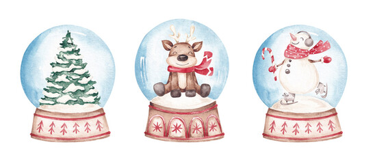 Christmas snowglobes set. Christmas card design elements. Hand drawn watercolor characters Funny Xmas clip art. Christmas set 
