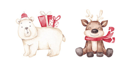 Funny winter characters. Christmas card design elements. Hand drawn watercolor deer, polar bear. Funny Xmas clip art. Christmas set 