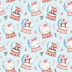 Christmas seamless pattern hand drawn by watercolour. Christmas snow globes design. Christmas tree, snowman, polar bear, penguin, reindeer