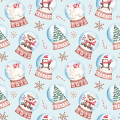Christmas seamless pattern hand drawn by watercolour. Christmas snow globes design. Christmas tree, snowman, polar bear, penguin, reindeer