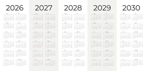 Simple editable vertical vector calendar set for years 2026 to 2030 perfect for planning scheduling organizing personal and business use.