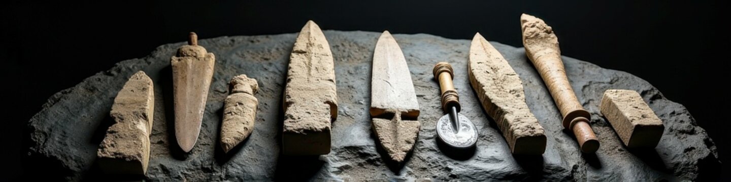 Ancient clay tablets and artifacts on dark stone background