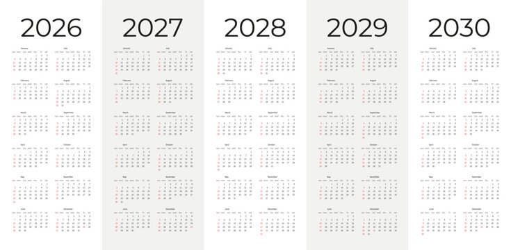 Simple editable vertical vector calendar set for years 2026 to 2030 perfect for planning scheduling organizing personal and business use. - Powered by Adobe