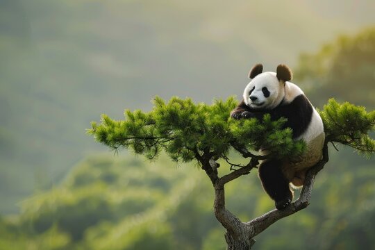 Giant panda resting on a pine tree branch in a lush green nature reserve