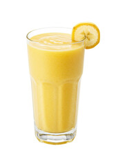 Tall glass of sweet, vibrant yellow smoothie garnished with sliced banana, isolated in black