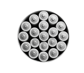 Top view of white batteries arranged in circular container on a transparent background