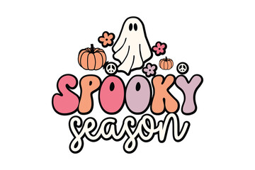Spooky Season Ghost with Pumpkins and Flowers - Cute Halloween Art T Shirt Design