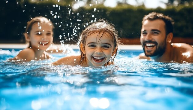 Happy family enjoying a fun summer vacation in a swimming pool, splashing water and smiling together - Powered by Adobe