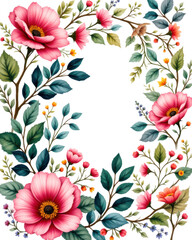 Floral Frame with Pink Flowers Watercolor Illustration and Green Leaves Botanical Artwork on White Background Greeting Template for Wedding and Spring Designs
