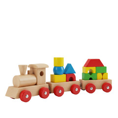 Vibrant wooden toy train with engine, three carriages, glossy red wheels, and primary-colored geometric stacking blocks (cubes, cylinders, prisms), precisely arranged on a pristine transparent