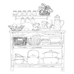 Black and white hand-drawn illustration of a rustic kitchen shelf with a basket, plates, glass jars, pots and cooking utensils.