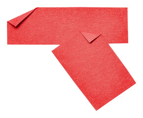 Two red overlapping isolated cut out blank paper notes cardboard with folded corner dog-ear earmark...