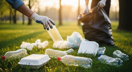 People are engaged in an environmental cleanup, collecting plastic litter from a park during the golden hour.