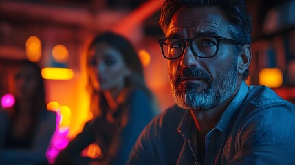 Fototapeta premium Frustrated CEO watches employees argue over project deadlines in dimly lit office