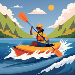 Obraz premium Vector art of a kayaker navigating white-water rapids, splashing water elements