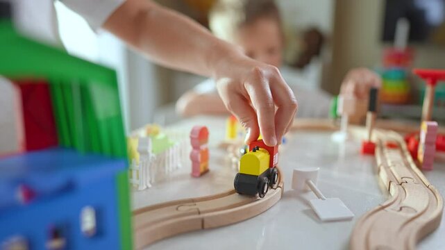 Family play with wooden train on railroad track. hands guiding train small railroad. Family enjoys fun indoor playtime. Happy moments as family creates railroad scene. playtime brings family together.