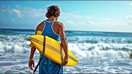 young man with surfboard on the beach - Powered by Adobe