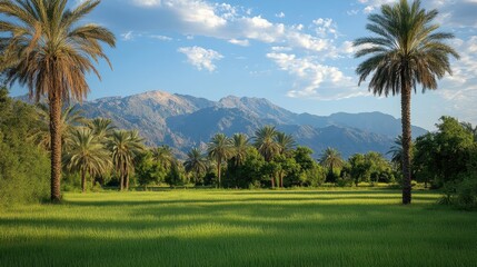 Fototapeta premium Lush green field, palm trees, and mountains under bright blue sky with soft clouds. Great for travel blogs, or anything to show beauty of nature.