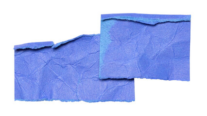 Blue crumpled wrinkled torn pieces of blank paper note cardboard with texture and copy space, close up transparent png background isolated cut out design element