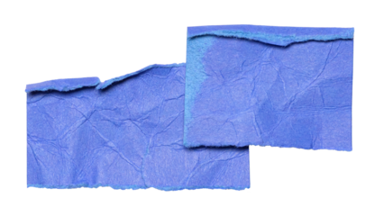 Blue crumpled wrinkled torn pieces of blank paper note cardboard with texture and copy space, close up transparent png background isolated cut out design element