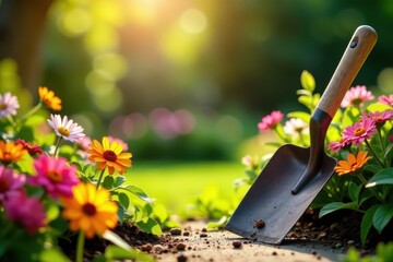 Sun-drenched garden, vibrant blooms, trowel nearby, trowel, vibrant