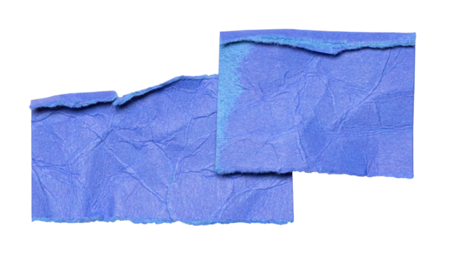 Blue crumpled wrinkled torn pieces of blank paper note cardboard with texture and copy space, close up transparent png background isolated cut out design element