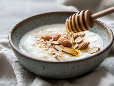 Almonds and honey drizzling over yogurt in a breakfast bowl - Powered by Adobe